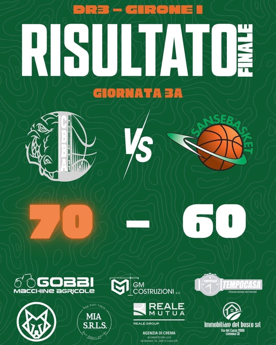 DR3 - GIORNATA 3A: sconfitta 70-60 contro SanseBasket