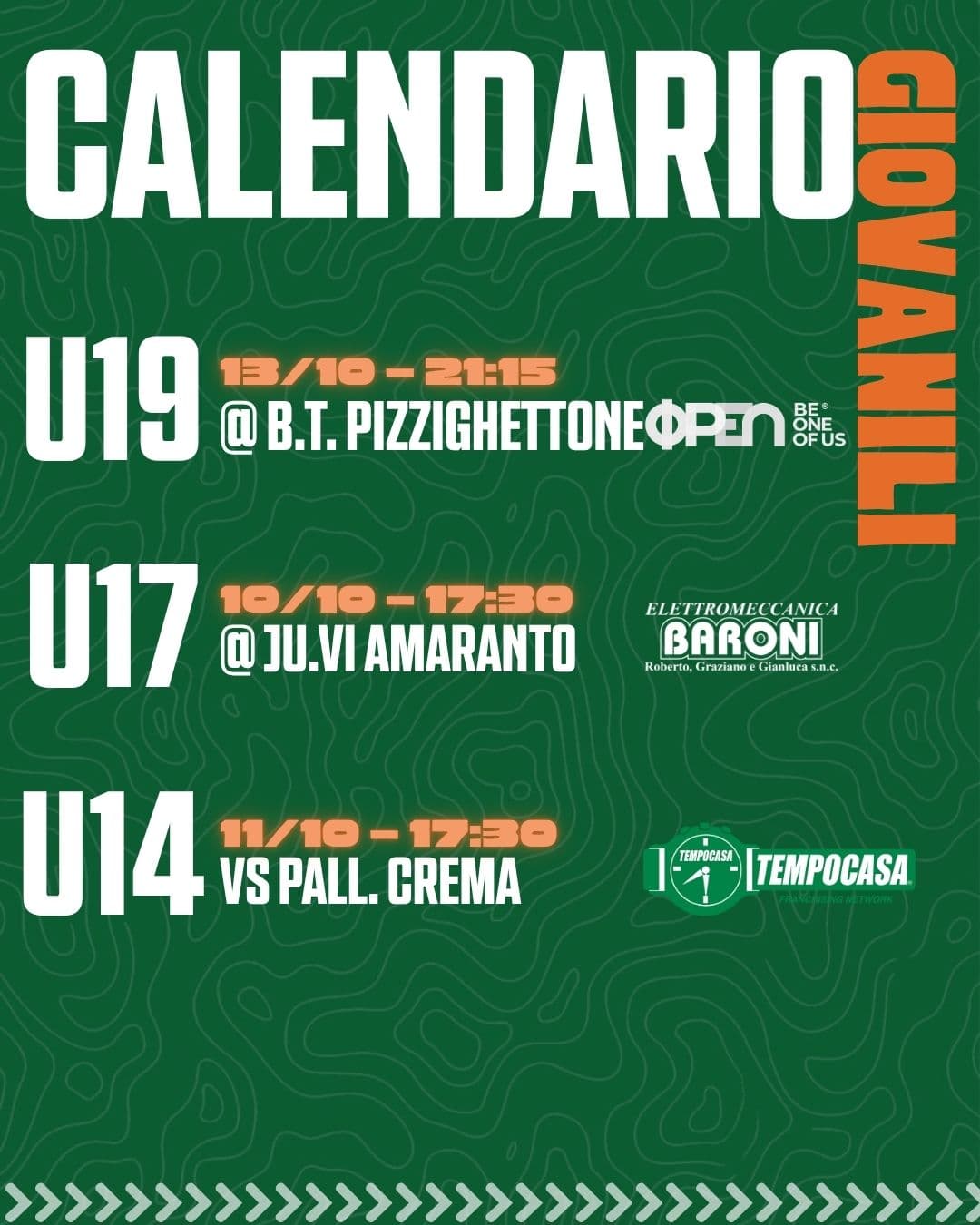 Calendario giovanili weekend 9-11 ottobre