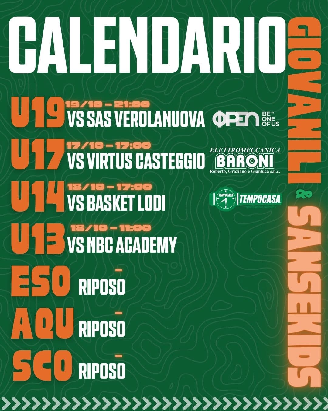 Calendario giovanili: partite e riposi della settimana